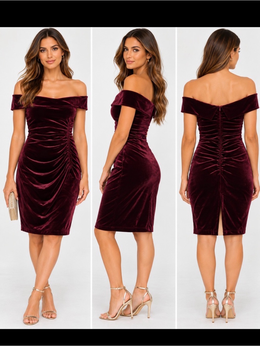 Xscape Burgundy Velvet Ruched Off Shoulder Midi Dress Cocktail Holiday Size 8